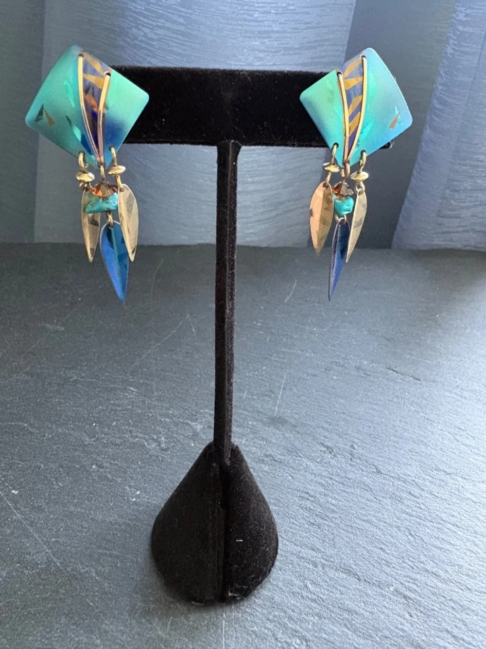 Vintage Holly Yashi Niobium Diamond Drop Earrings Turquoise Leaf Dangle 80s 90s